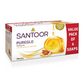 Santoor PureGlo Glycerine Bathing Bar Soap with Almond Oil for Nourished & Glowing Skin| Gentle & Rich Lathering Formula| Refreshing Fragrance| For All Skin Types| 125g, Pack of 6