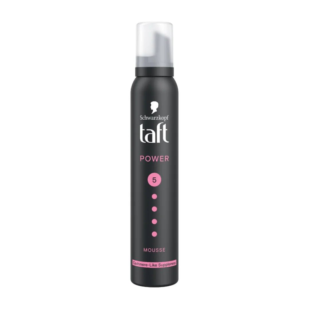 sch101 - Schwarzkopf TAFT Power Hold 5 Hair Mousse, Lasts 24 Hours, Cashmere - Like Softness, With No Stickiness, Heat Protection, Silicone Free, Lightweight Styler To Controls Frizz And Provides Shine (200ml) - Looknstyle