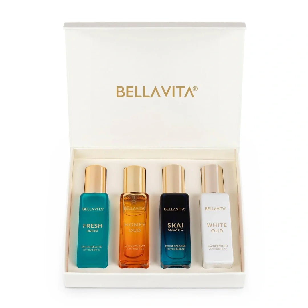 belunse - Bella Vita Luxury Unisex Eau De Parfum Gift Set 4 x 20ml for Men & Women with SKAI, FRESH, WHITEOUD, HONEY OUD Perfume|Long Lasting EDP Fragrance Scent - Looknstyle