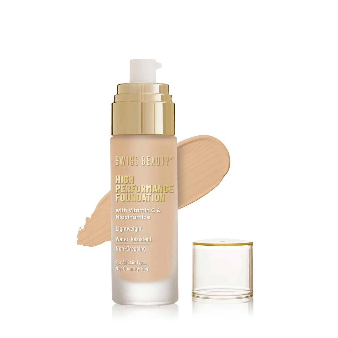 sbfoundation - Swiss Beauty High Performance Foundation | Water - Resistant | Medium To Buildable Coverage Liquid Dewy Finish | Lightweight | Easy To Blend | With Vitamin C & Niacinamide | 04 Natural Nude, 55G - Looknstyle