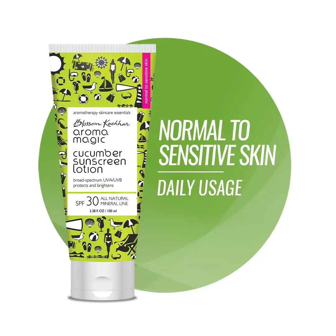 aromamagiccucumbersunscreenlotion - Aroma Magic Cucumber SPF 30 Sunscreen Lotion 100ml | for Normal to Sensitive Skin | Non - Nano Zinc Oxide, Wheatgerm & Coconut Oil | Cools, Soothes & Protects | No Parabens or Alcohol | Pack of 1 - Looknstyle