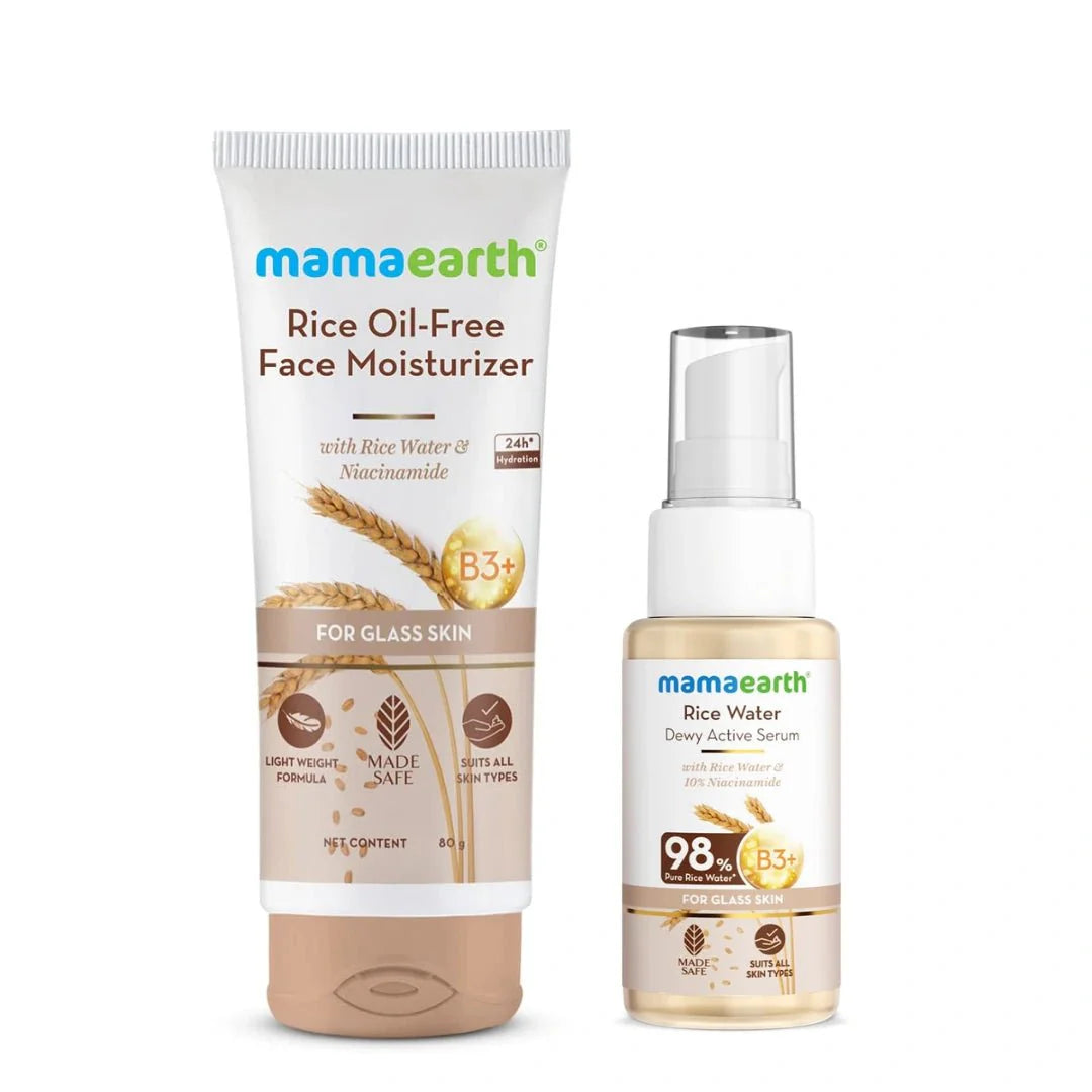 Mamaearth Rice Oil - Free Face Moisturizer for Oily Skin - 80g & Rice Water Dewy Active Serum - 50ml - Deals999