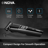 nht1074 - Nova NHT 1074 USB , Cordless , Rechargeable: 30 Minutes Runtime Beard Trimmer for Men (Black) - Looknstyle