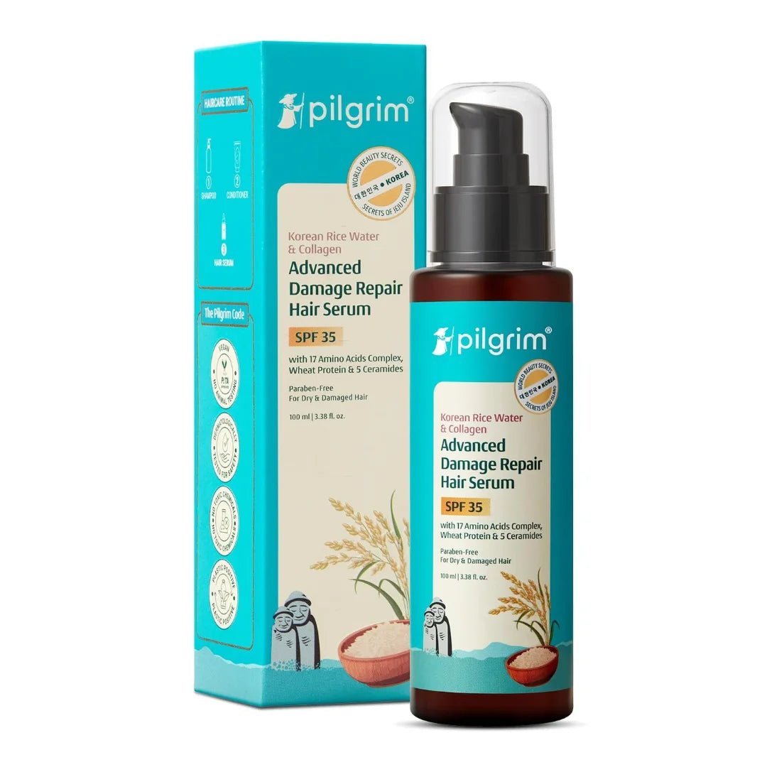 pilgserum-Pilgrim Korean Rice Water & Collagen Advanced Damage Repair Hair Serum SPF 35 with 17 Amino Acids Complex, Wheat Protein & 5 Ceramides - 100ml-Looknstyle
