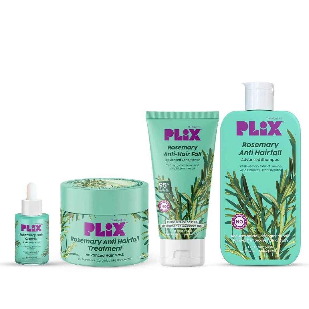 plixmasec - PLIX - THE PLANT FIX | Rosemary Anti Hairfall Kit - Serum (30ml), Shampoo (200ml), Conditioner (175ml) & Hair Mask (200g) | For Hair Thinning, New Hair Growth ( pack of 4) - Looknstyle