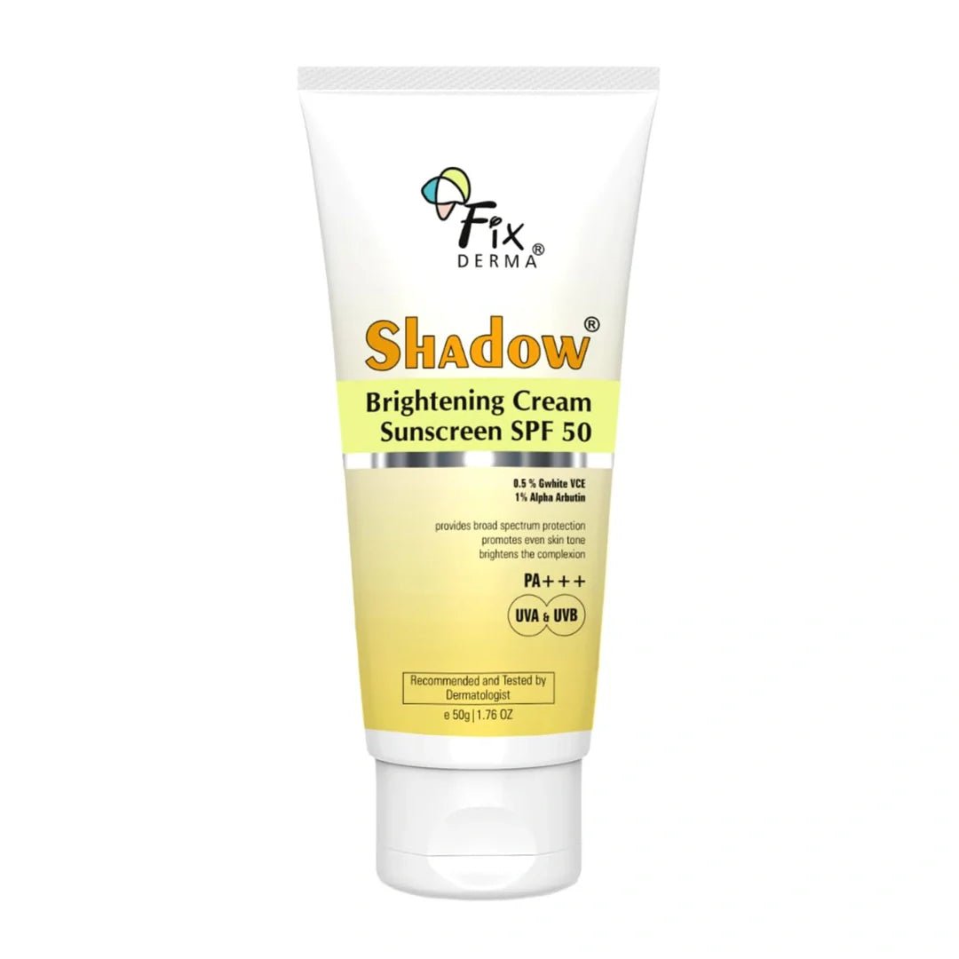 fix brighthning spf50 - Fixderma Shadow Brightening Sunscreen SPF50 PA+++ with 1% Alpha Arbutin | UVA/UVB, Broad Spectrum Protection | Reduce Tan & Brightens the Complexion | Lightweight, No White Cast, All Skin Type - 50GM - Looknstyle