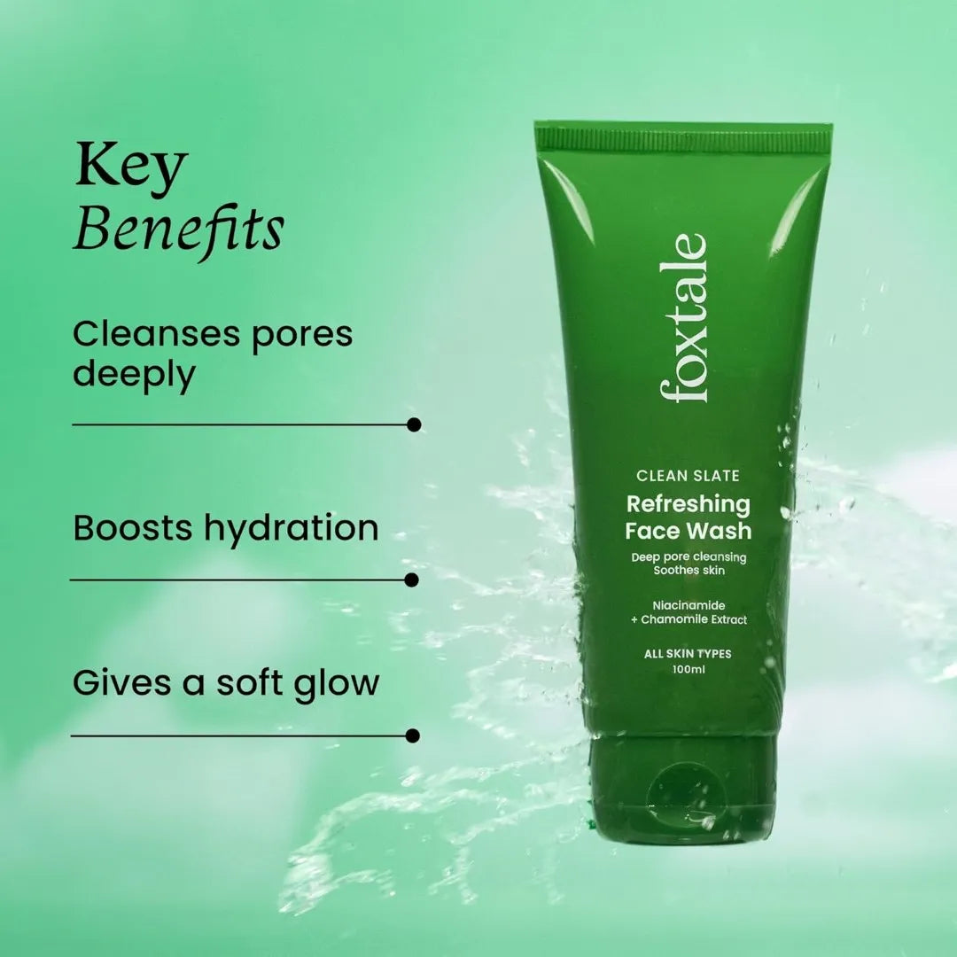 Foxtale Refreshing Face Wash for Deep Cleansing with Niacinamide, Hydrates & Brightens, Non-Drying Cleanser for Glowing Skin, Men & Women, For All Skin Types - 100 ml