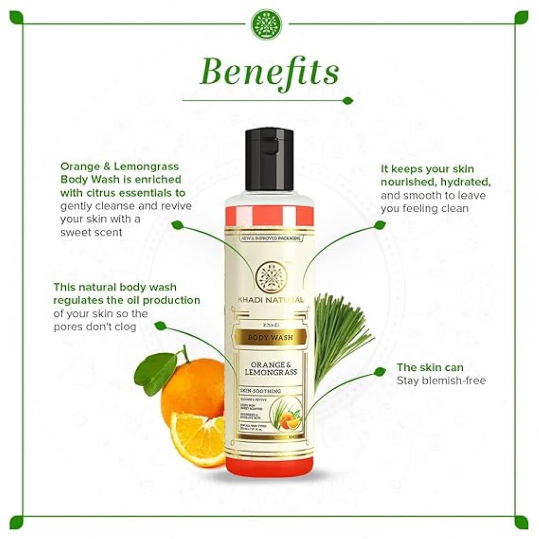 Khadi Natural Herbal Orange & Lemongrass Body Wash| Cleanses and Revives Skin|Shower Gel to Regulate oil production| Keeps skin blemish free|Suitable for All Skin Types| 210ml