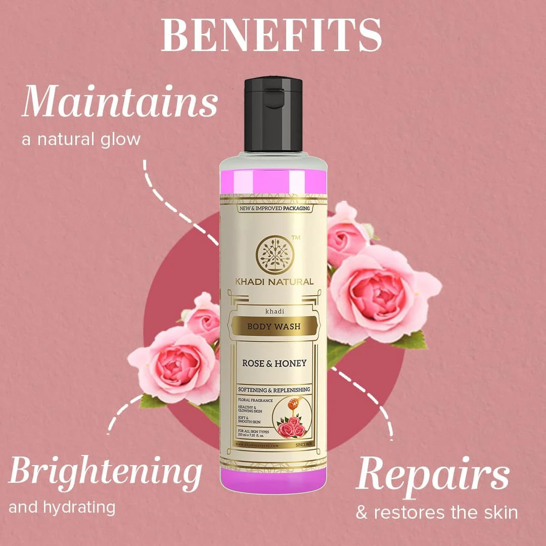 Khadi Natural Rose & Honey Body Wash | Body Wash for Deep Cleansing | Body Wash with Soothing Fragrance | Suitable for All Hair Types 210ml