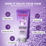 L'Oreal Paris Hyaluron Moisture Hydra Filling Leave-in Night Cream, Powered by Hyaluronic Acid, For Dry & Dehydrated Hair, Volume-180ml, Makes hair frizz-free, bouncy and hydrated for up to 72HR