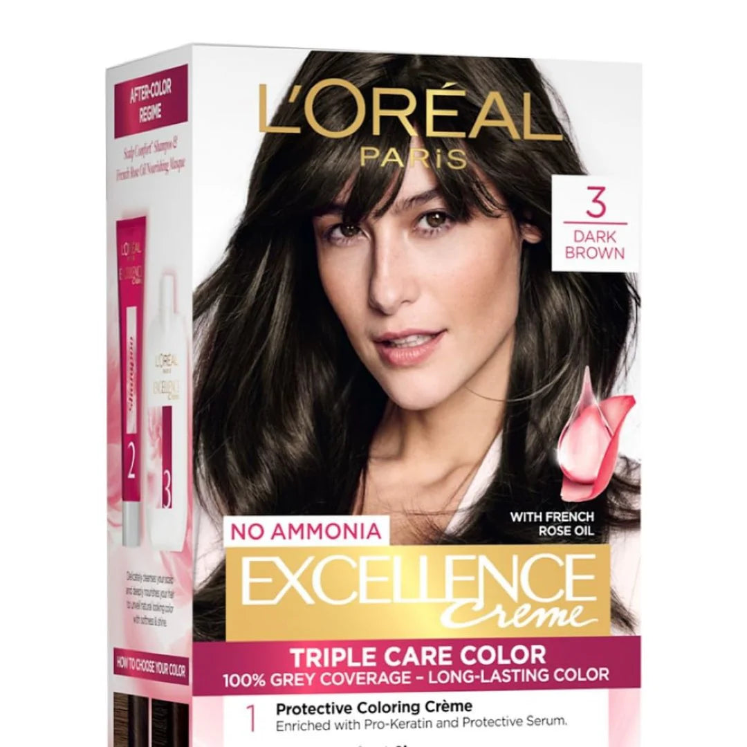 L'Oréal Paris Permanent Hair Colour, Radiant At-Home Hair Colour with up to 100% Grey Coverage, Pro-Keratin, Up to 8 Weeks of Colour, Excellence Crème, 3 Natural Dark Brown, 72ml+100g