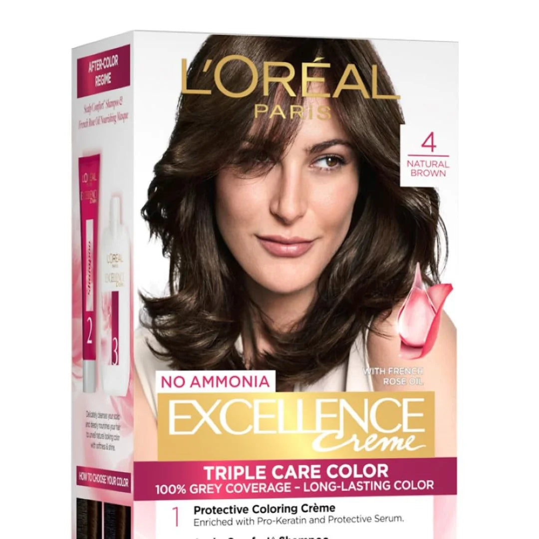 L'Oréal Paris Permanent Hair Colour, Radiant At-Home Hair Colour with up to 100% Grey Coverage, Pro-Keratin, Up to 8 Weeks of Colour, Excellence Crème, 4 Natural Brown, 72ml+100g
