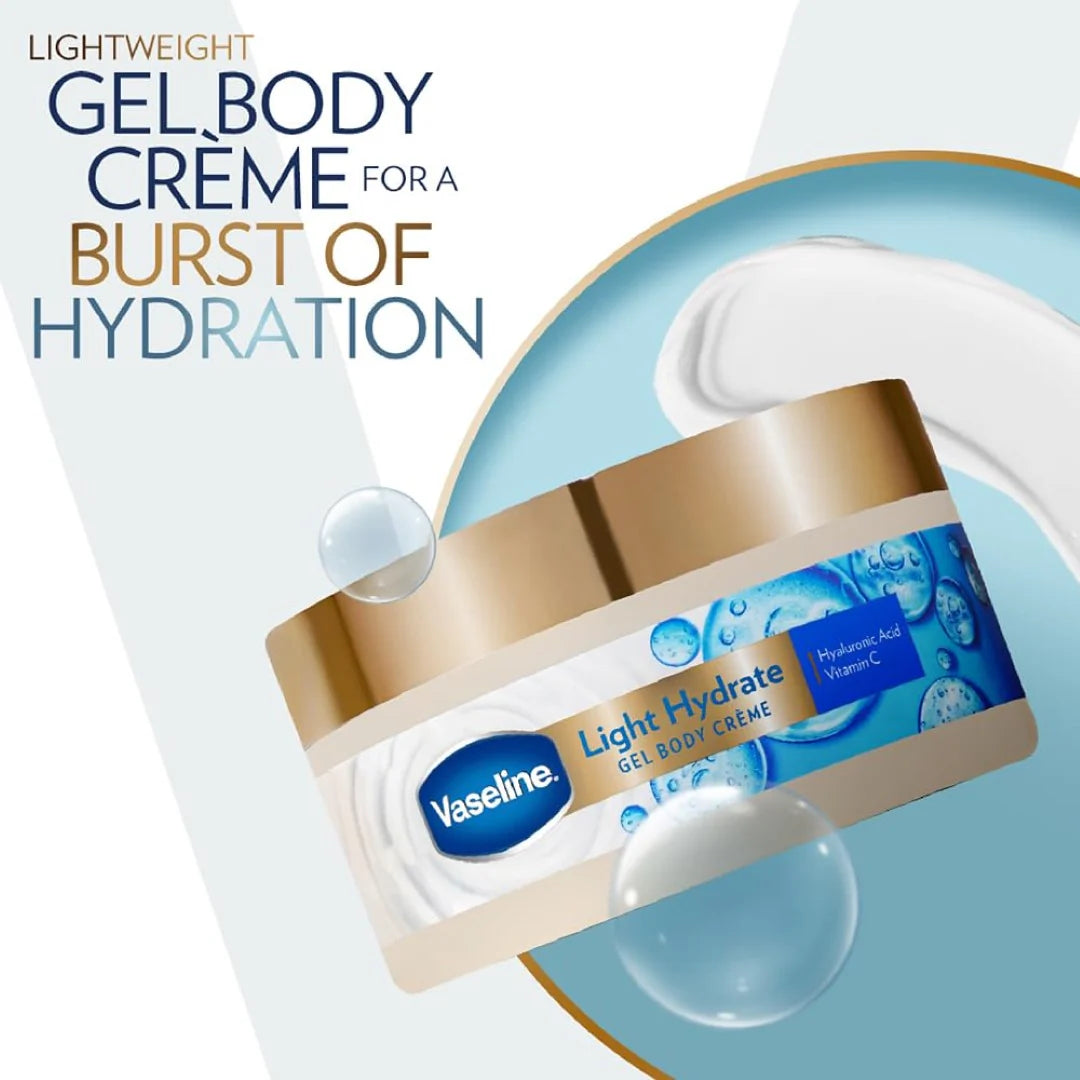 Vaseline Light Hydrate Gel Body Creme, 180 g. Hyaluronic Acid & Vitamin C for Hydrated, Radiant Skin