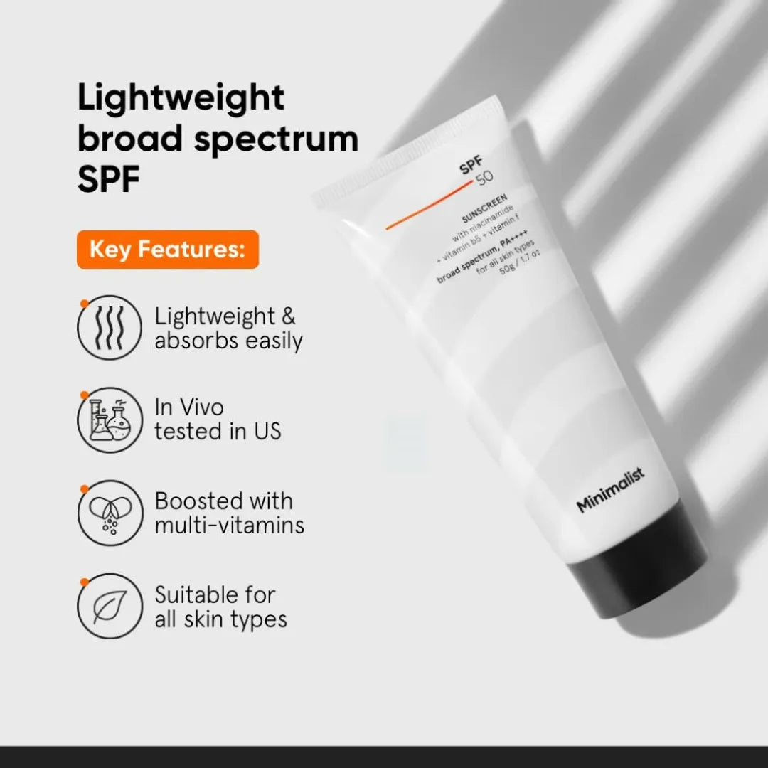 Minimalist Sunscreen SPF 50 PA++++ | Lightweight with Multi-Vitamins | No White Cast | Broad Spectrum | For Women & Men | 50g