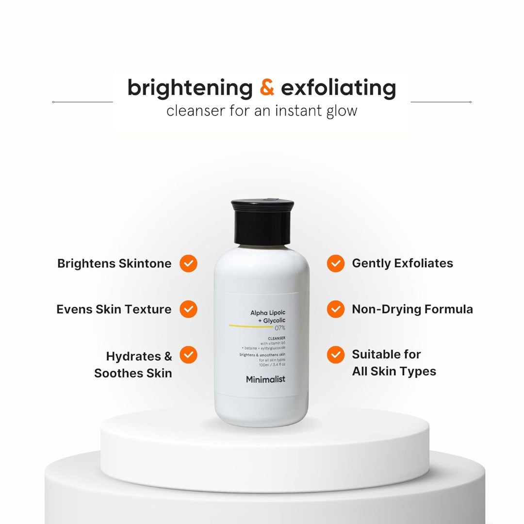 Minimalist 7% Alpha Lipoic and Glycolic Brightening Cleanser with Vitamin B5, Glycolic Acid | For Men & Women | 100 ml