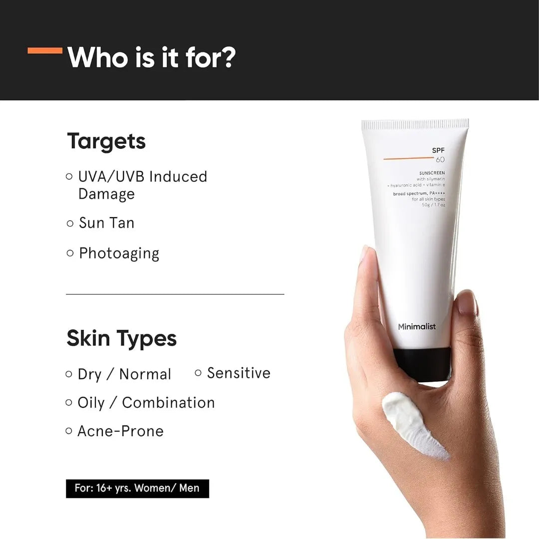 Minimalist Sunscreen SPF 60 PA ++++ | Pregnancy Safe | For Sensitive Skin | Broad Spectrum Sunscreen SPF 50+ With Potent Antioxidants & Advanced Filters | No White Cast | Non Irritant | 50 gm