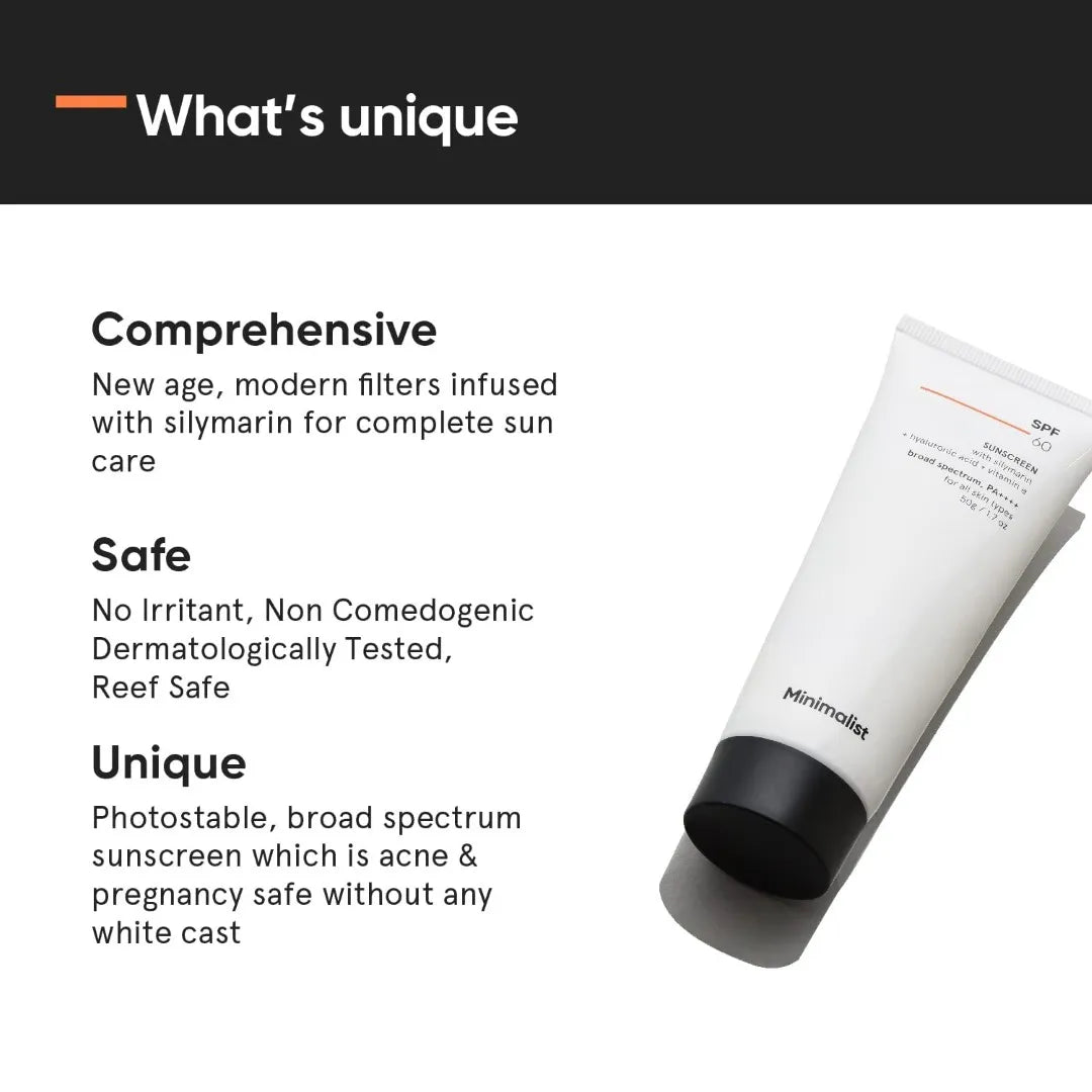 Minimalist Sunscreen SPF 60 PA ++++ | Pregnancy Safe | For Sensitive Skin | Broad Spectrum Sunscreen SPF 50+ With Potent Antioxidants & Advanced Filters | No White Cast | Non Irritant | 50 gm