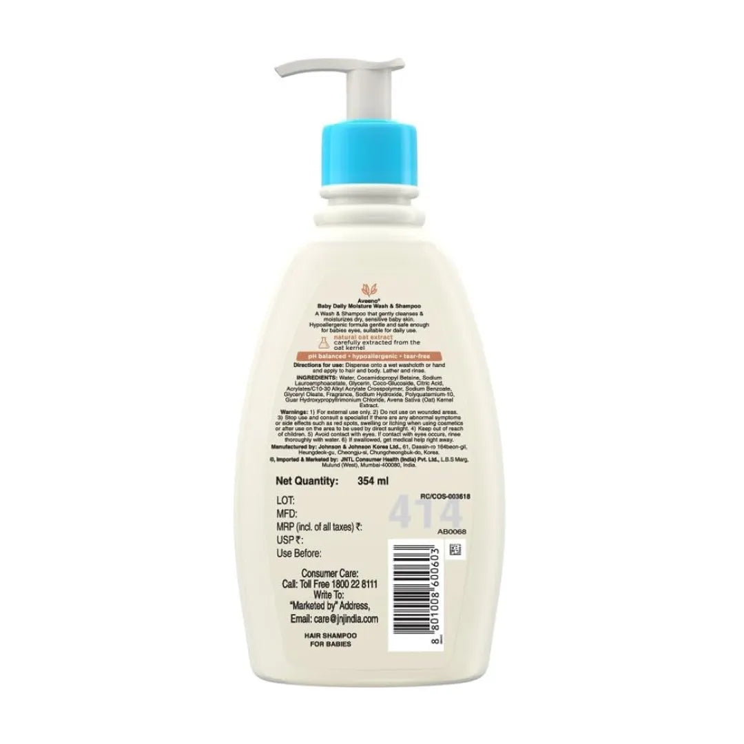 Aveeno Baby Daily Moisture Wash & Shampoo - Natural Oat Gentle Cleanser For Hair, Sensitive Body Skin (354ml)