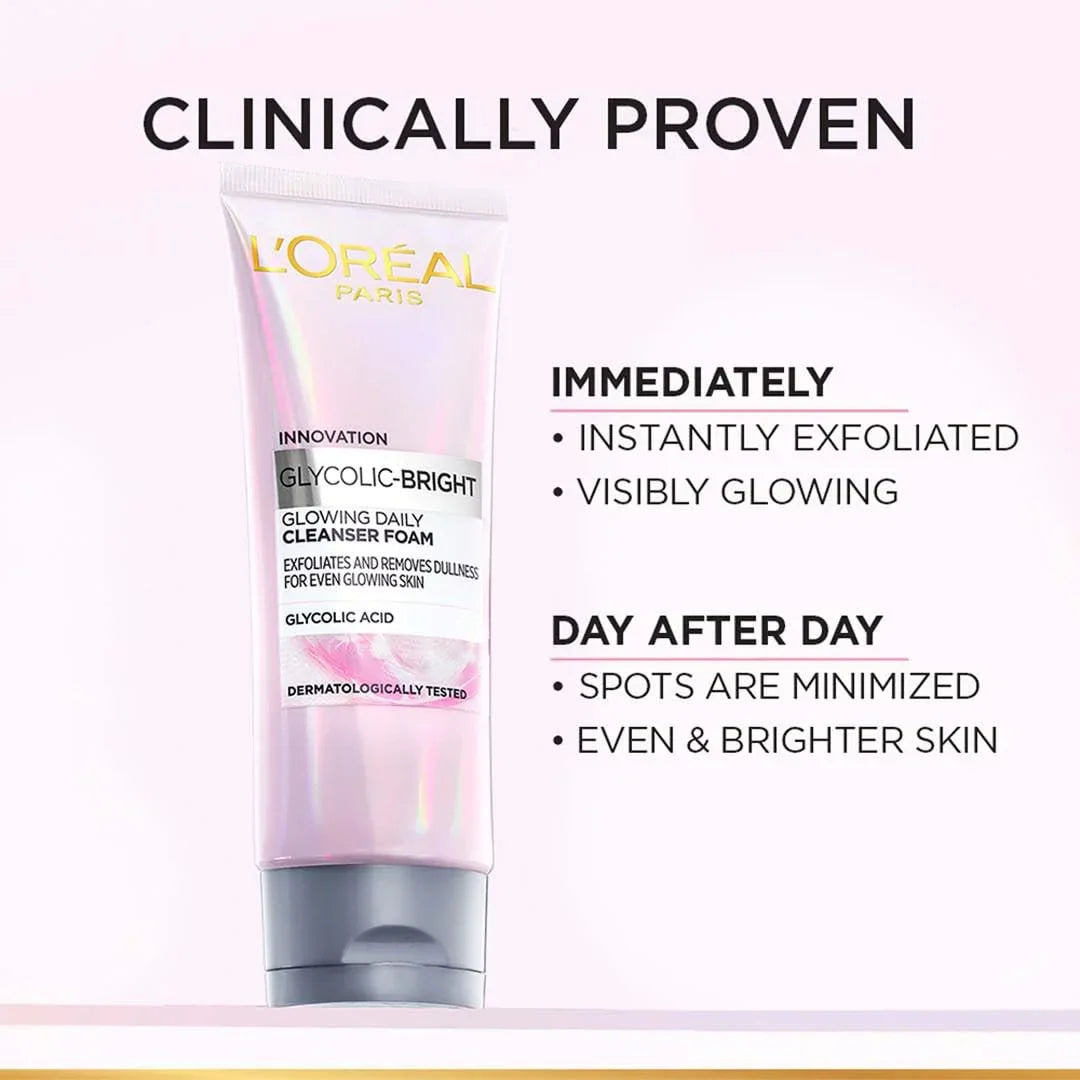 L'Oreal Paris Glycolic Bright Daily Foaming Face Cleanser, 100ml | Glycolic Acid Face Wash for Dull Skin | Daily Glowing Facial Cleanser