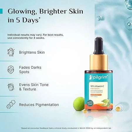 Pilgrim 10% Vitamin C Serum 30ml for Glowing Skin|With 5% Niacinamide, Hyaluronic & Glycolic Acid|Fades Dark Spots, Pigmentation|For All, Oily, Combination, Normal Skin |Beginner Friendly - Men, Women