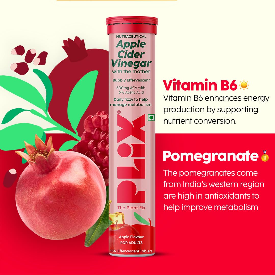 THE PLANT FIX Apple Cider Vinegar Effervescent Tablet with mother | Supports Metabolism & Appetite Control I With 500mg ACV, Vit B6 & B12 I No Maltodextrin, No Added Sugar I Pack of 4 (60 tablets)