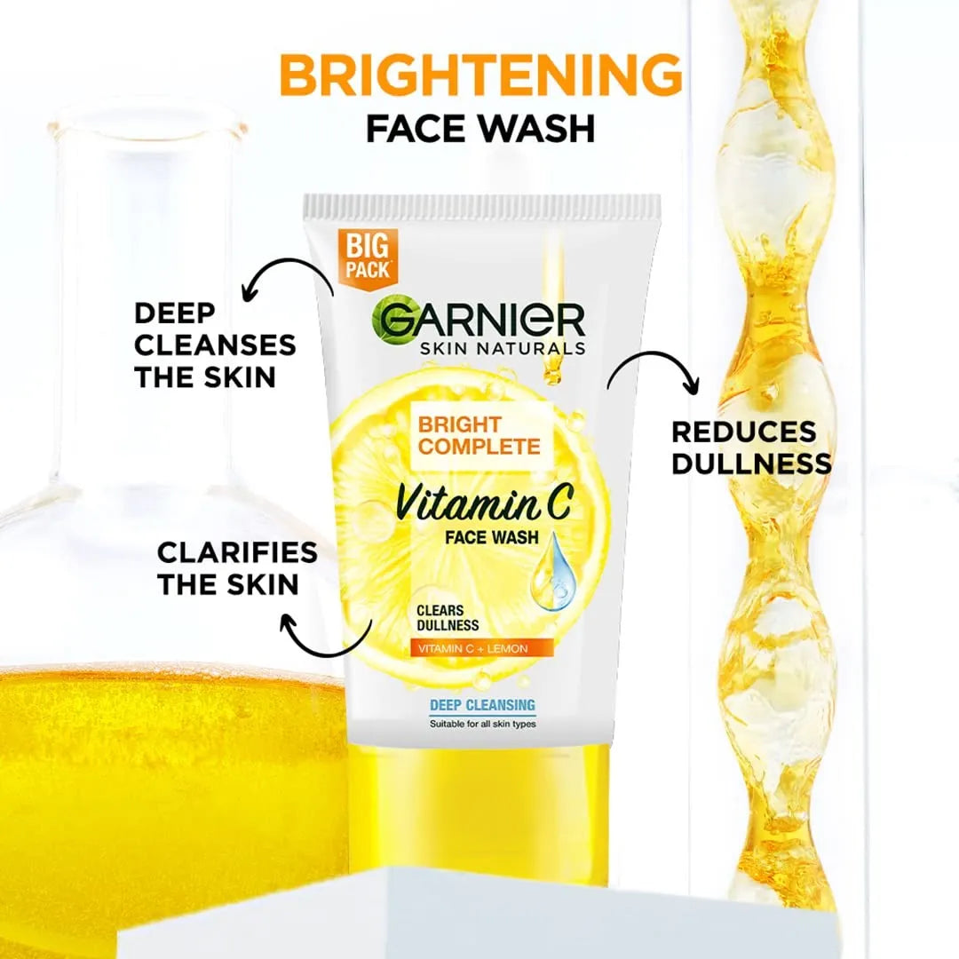 Garnier Skin Naturals Bright Complete Vitamin C Face Wash - Vitamin C Face Wash For Brighter and Glowing Skin - Daily Cleanser Suitable For all Skin Types, 150g
