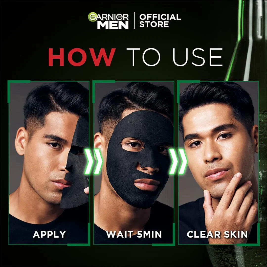 Garnier Men Acno Fight XL Tissue Mask Men, 5X Salicylic Acid and Charcoal Powder, Fight Pimple causing Germs in 5 min, Suitable for all Skin types, 22g