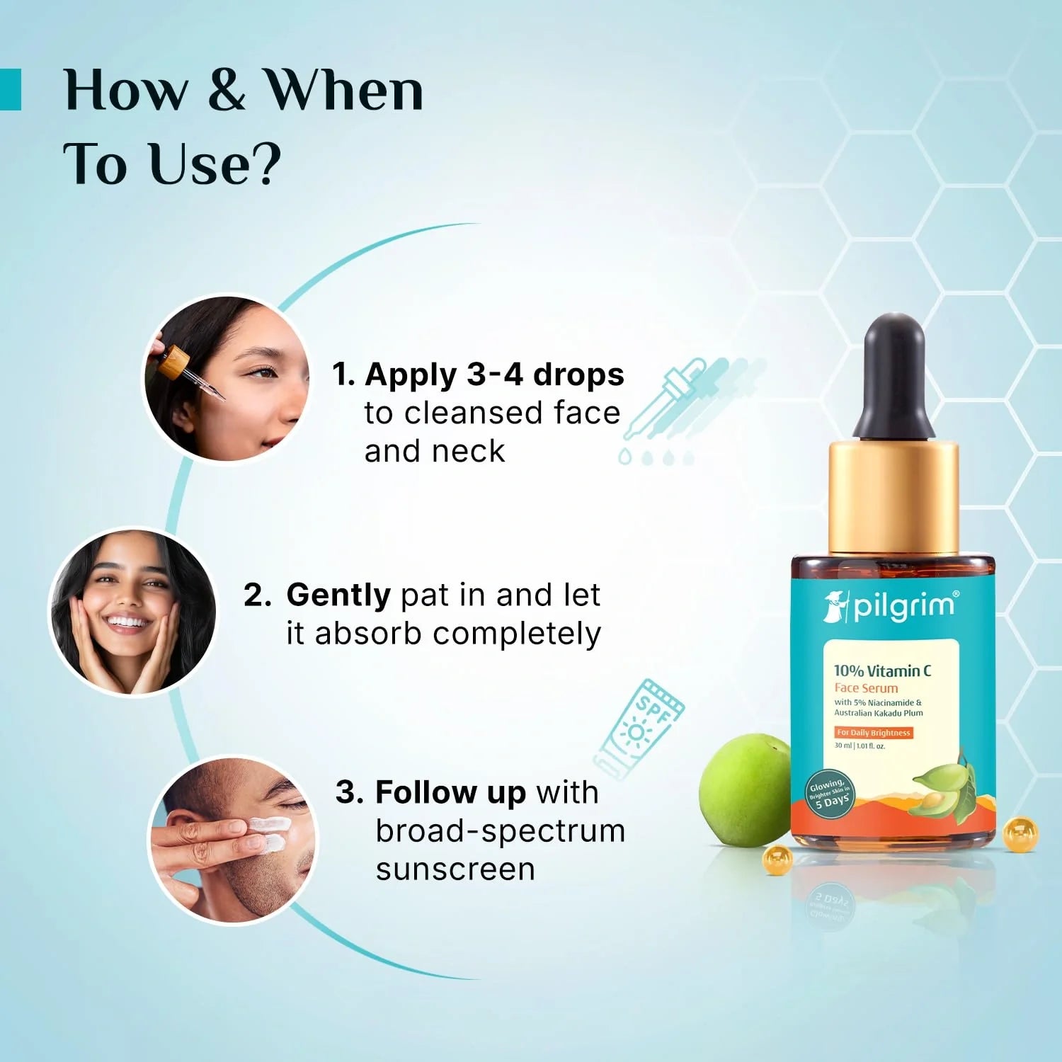 Pilgrim 10% Vitamin C Serum 30ml for Glowing Skin|With 5% Niacinamide, Hyaluronic & Glycolic Acid|Fades Dark Spots, Pigmentation|For All, Oily, Combination, Normal Skin |Beginner Friendly - Men, Women