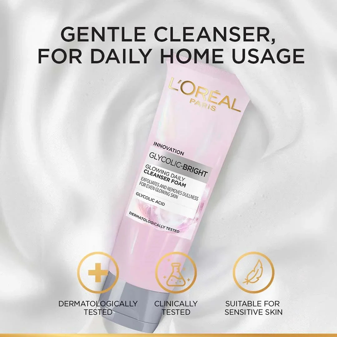 L'Oreal Paris Glycolic Bright Daily Foaming Face Cleanser, 100ml | Glycolic Acid Face Wash for Dull Skin | Daily Glowing Facial Cleanser