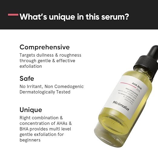 Minimalist 10% AHA BHA Exfoliating Serum For Beginners, AHAs (Lactic Acid & Glycolic Acid) & BHA (Salicylic Acid) Serum, 30ml