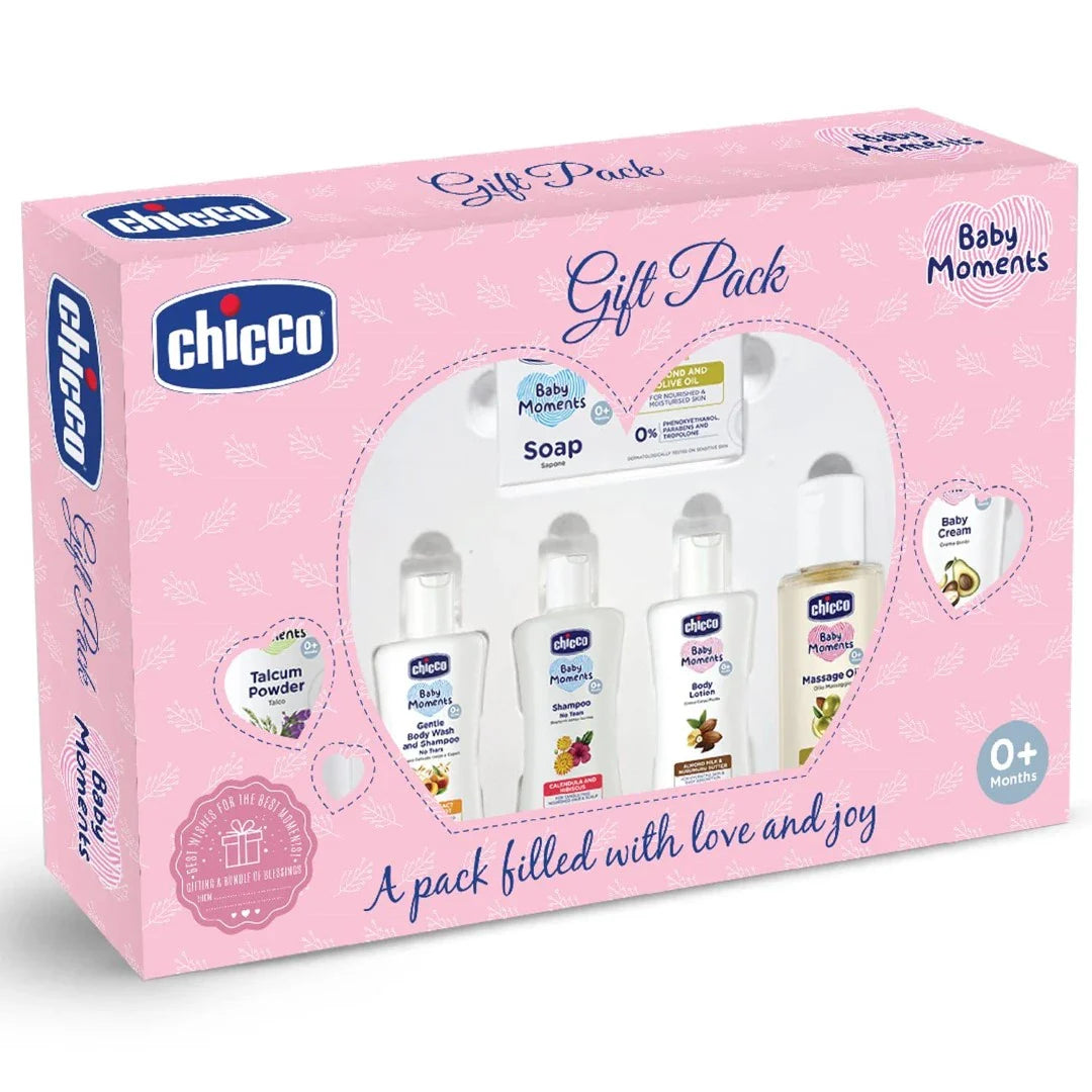 Chicco Baby Moments Essential Gift Pack Pink, Ideal Baby Gift Sets for Baby Shower, Newborn Gifting, New Parents, Birthdays, New Advanced Formula with 0% Phenoxyethanol, 0m+ (7 Items)