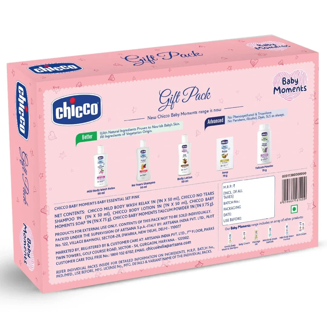 Chicco Baby Moments Essential Gift Pack Pink, Ideal Baby Gift Sets for Baby Shower, Newborn Gifting, New Parents, Birthdays, New Advanced Formula with 0% Phenoxyethanol, 0m+ (7 Items)