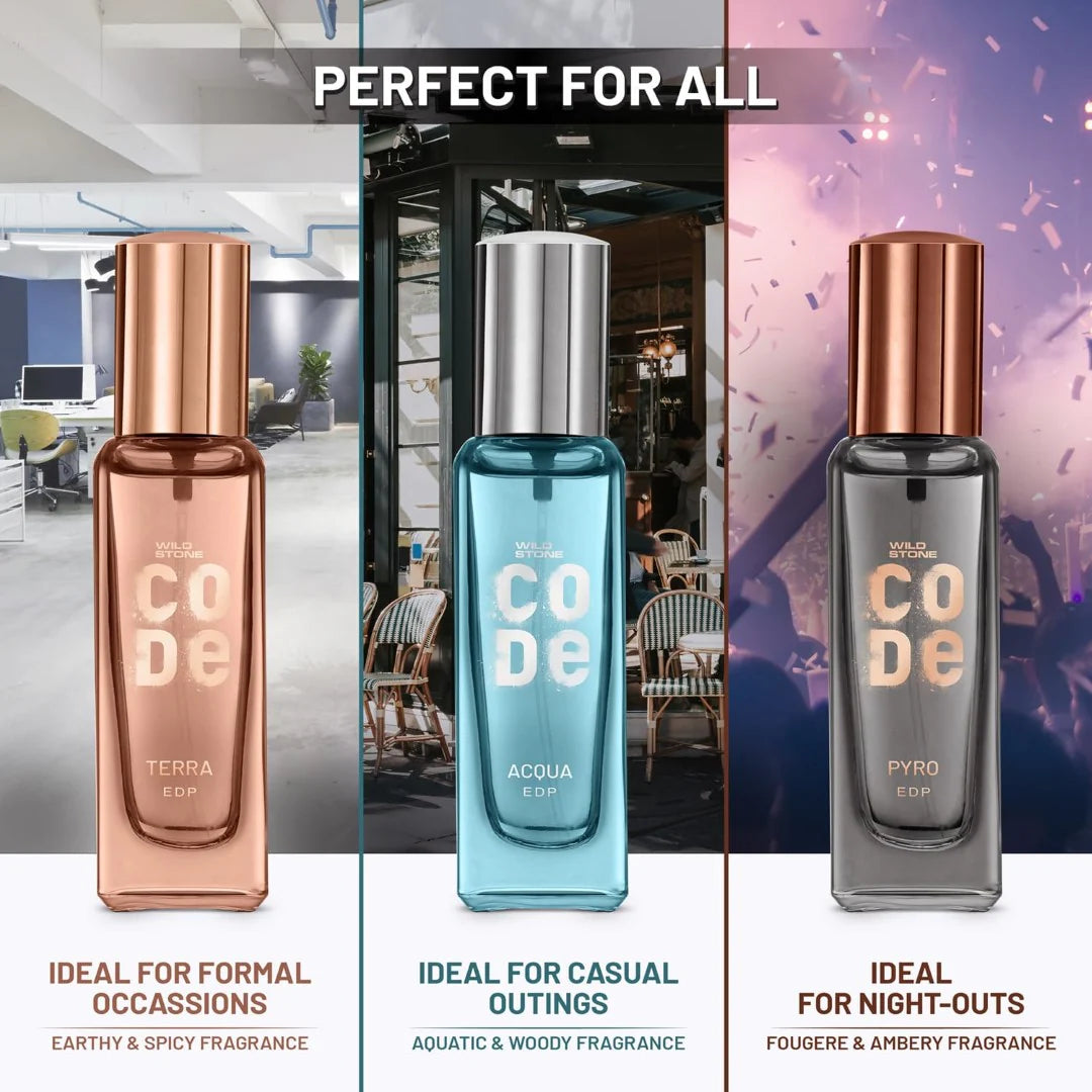 Wild Stone CODE Premium Perfume for Men, Pack of 3 (20ml each) | Perfume Gift Set for Men | Long Lasting Luxury Perfume | Birthday Gift for Him | Gift for Brother