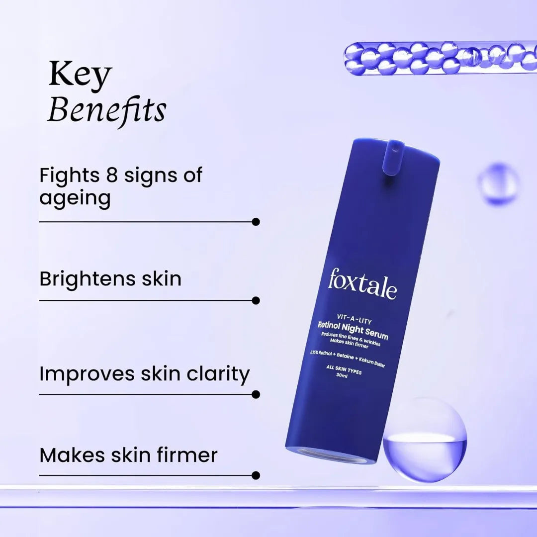 Foxtale 0.15% Beginner Friendly Retinol Night Serum | Anti-Aging Night Cream | Reduces Fine Lines and Wrinkles | No Purging | For Younger-looking Skin | Men & Women | All Skin Types - 30 ml
