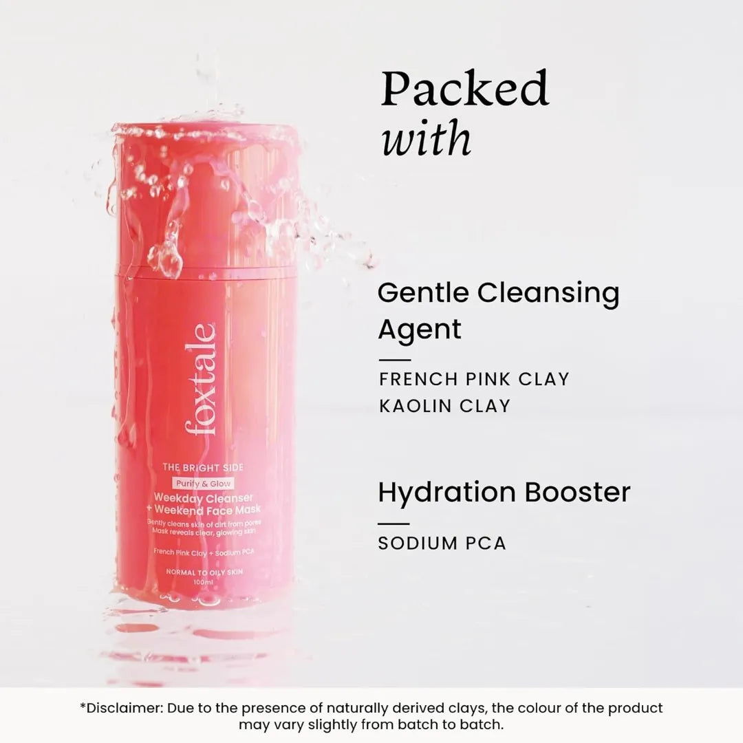 Foxtale Purify & Glow Cleanser + Clay Mask - Deep Cleanses Pores, Exfoliating Glow Facial, Instantly Gives Bright Skin, For Normal, Oily and Combination Skin, Men & Women - 100ml