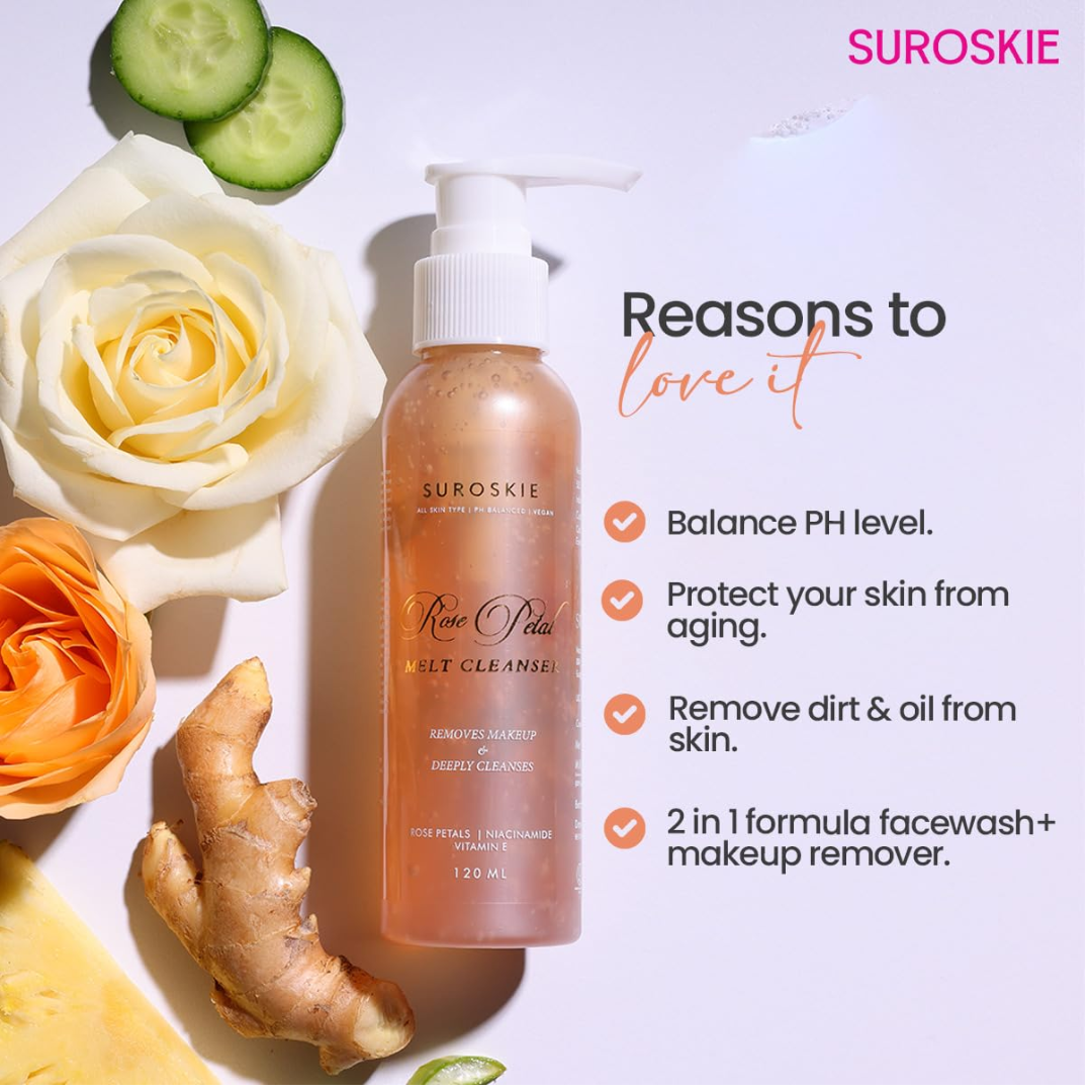 SUROSKIE Rose Petals Melt Cleanser 120ml |2-in-1 Face Wash & Makeup Remover | Rose Water, Niacinamide & Vitamin E for Nourished, | Brightens &...