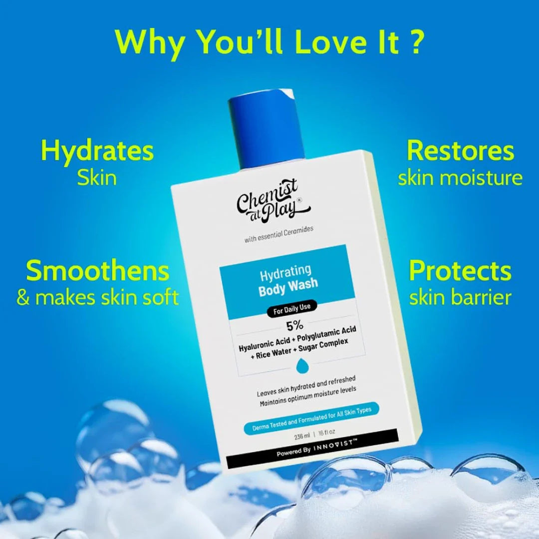 Chemist at Play Hydrating Body Wash | Hyaluronic Acid Bodywash for Intense Hydration | Reduces Flakes & Itchiness | For Dry Skin | Polyglutamic Acid & Hyaluronic Acid | SLS & Paraben Free | For Women & Men | 236ml