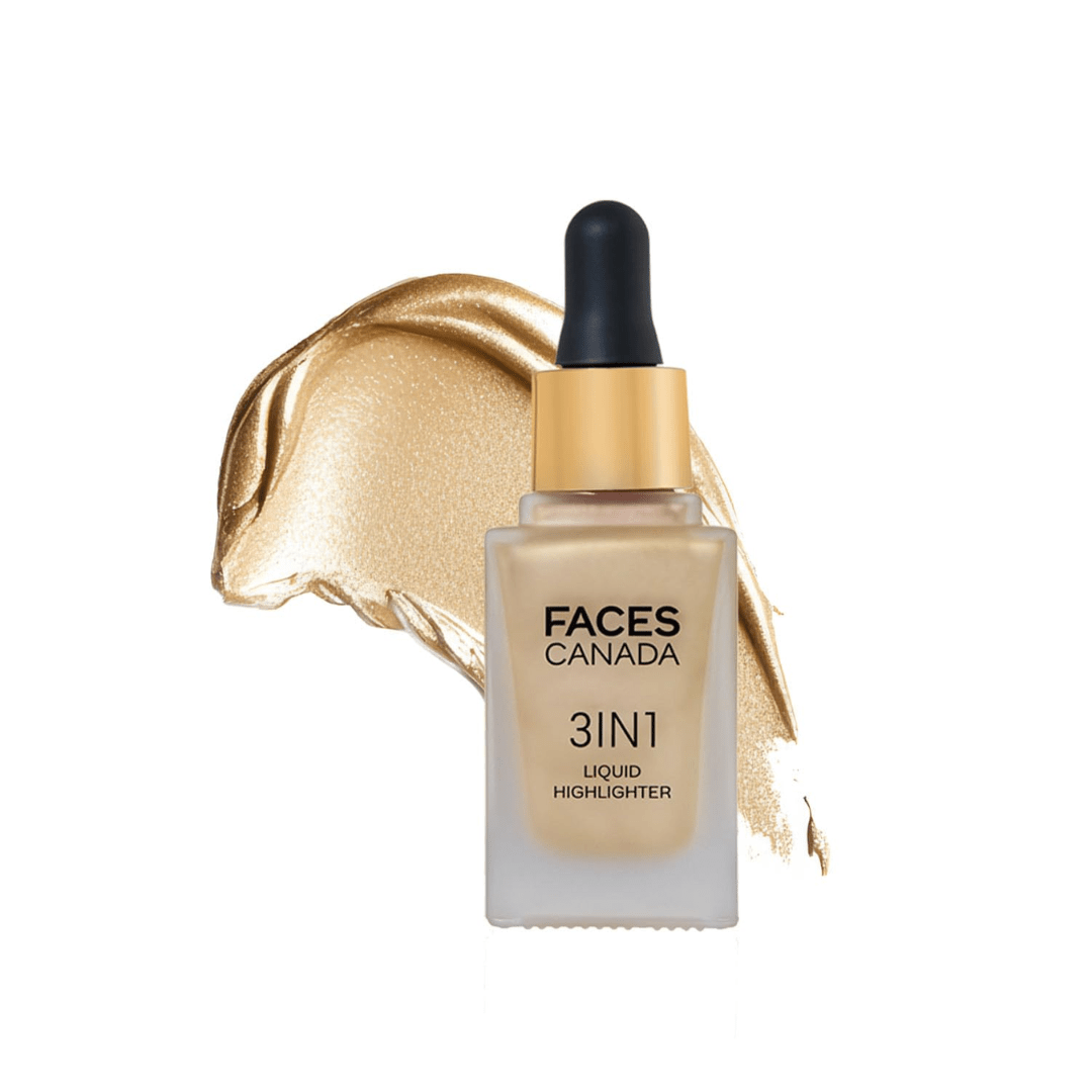 3in1 higlighter01gold - FACES CANADA 3 in 1 Liquid Highlighter – Bronze 02, 18ml | Primer | Highlighter | Strobe Serum | Luminous Finish | Lightweight Formula | Hydrating | Long Lasting Glow | Easily Blendable - Looknstyle