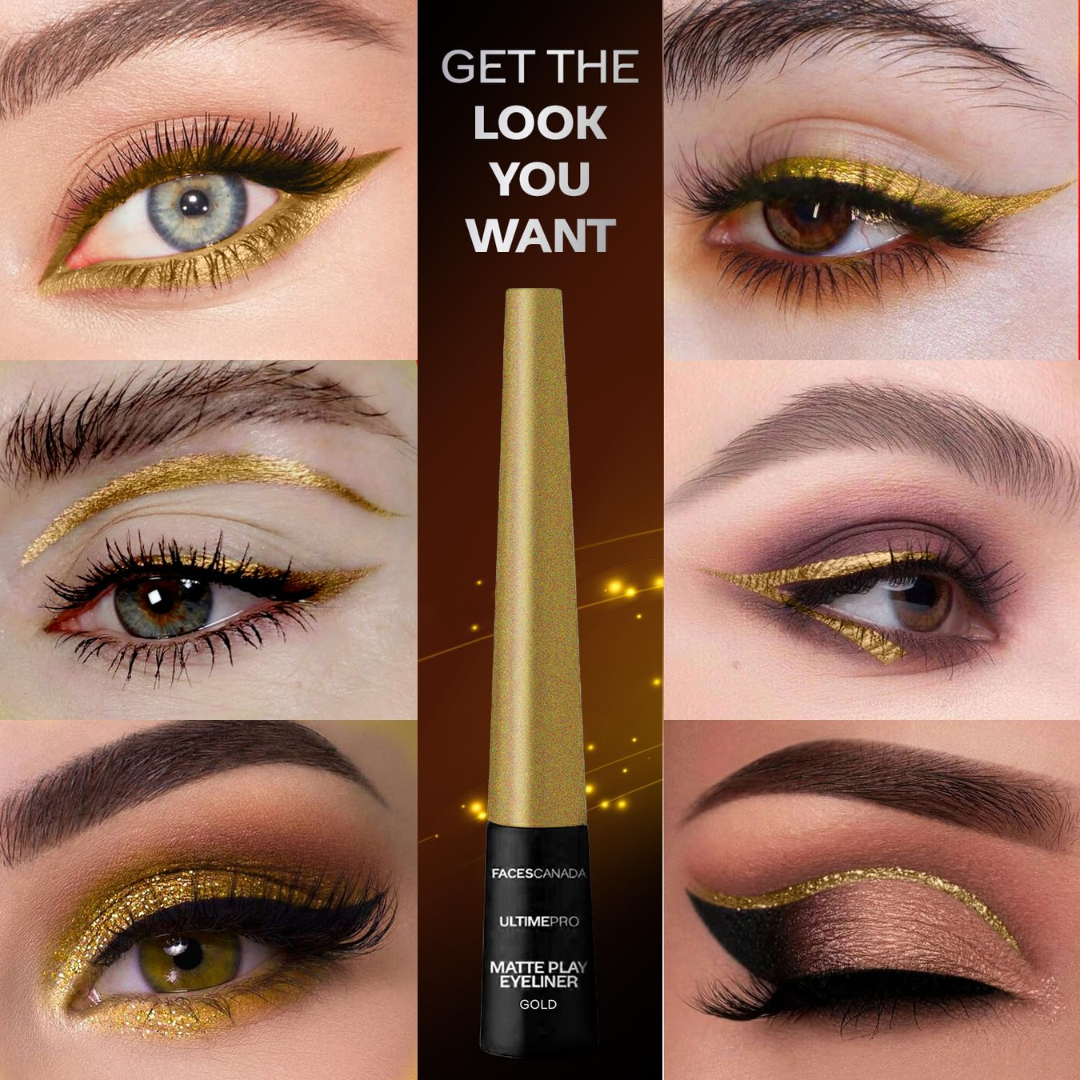 FACES CANADA Ultime Pro Matte Play Eyeliner - Gold, 2.5 ml | Quick Dry | Shimmer Finish | 24 Hr Long Lasting Formula | Precise Felt Tip | Highly Pigmented | Waterproof, Smudgeproof & Sweatproof