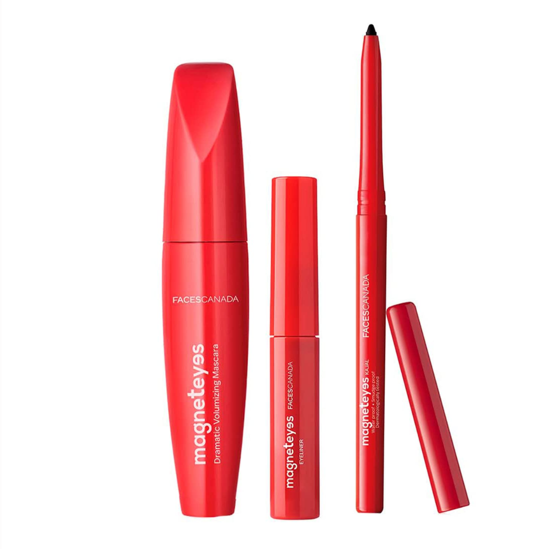 FACESCANADA FACES CANADA Magneteyes Range Trio Pack - Black, 13.35 g | Kajal + Eyeliner + Mascara | Lightweight | Long Lasting | Smooth Texture | Precise Application | Intense Color Payoff | Paraben Free