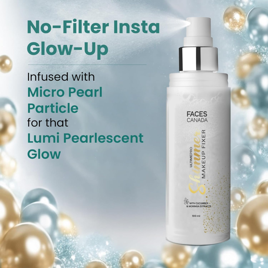FACESCANADA Ultime Pro Shimmer Makeup Fixer, 100Ml | Long Lasting Makeup Setting Spray | Keeps Makeup Intact | Glamourous Shimmer Finish | Hydrates, Soothes & Refreshes Skin | Alcohol Free
