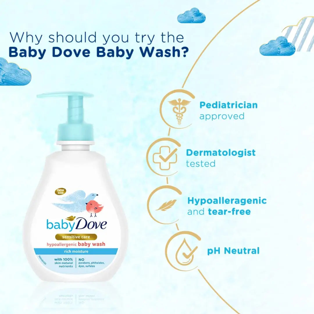 Baby Dove Rich Moisture Hair to Toe Baby Wash 200 ml, No Tears Body Wash for Baby's Soft Skin - Hypoallergenic, No Sulphates, No Parabens