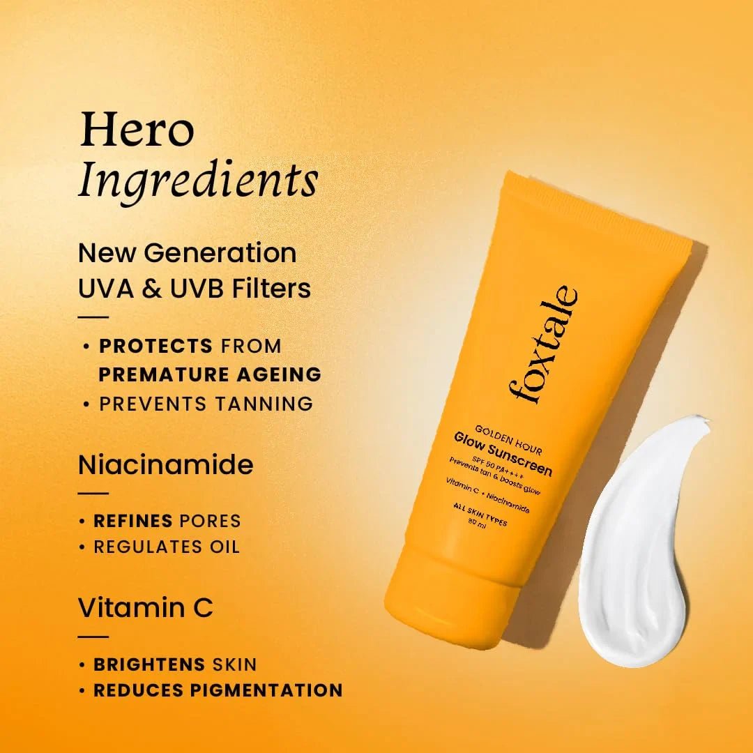 fxglsuns80g - Foxtale SPF 50 Vitamin C & Niacinamide Glow Sunscreen with PA++++| For Men & Women, All Skin Types - 80ml - Looknstyle