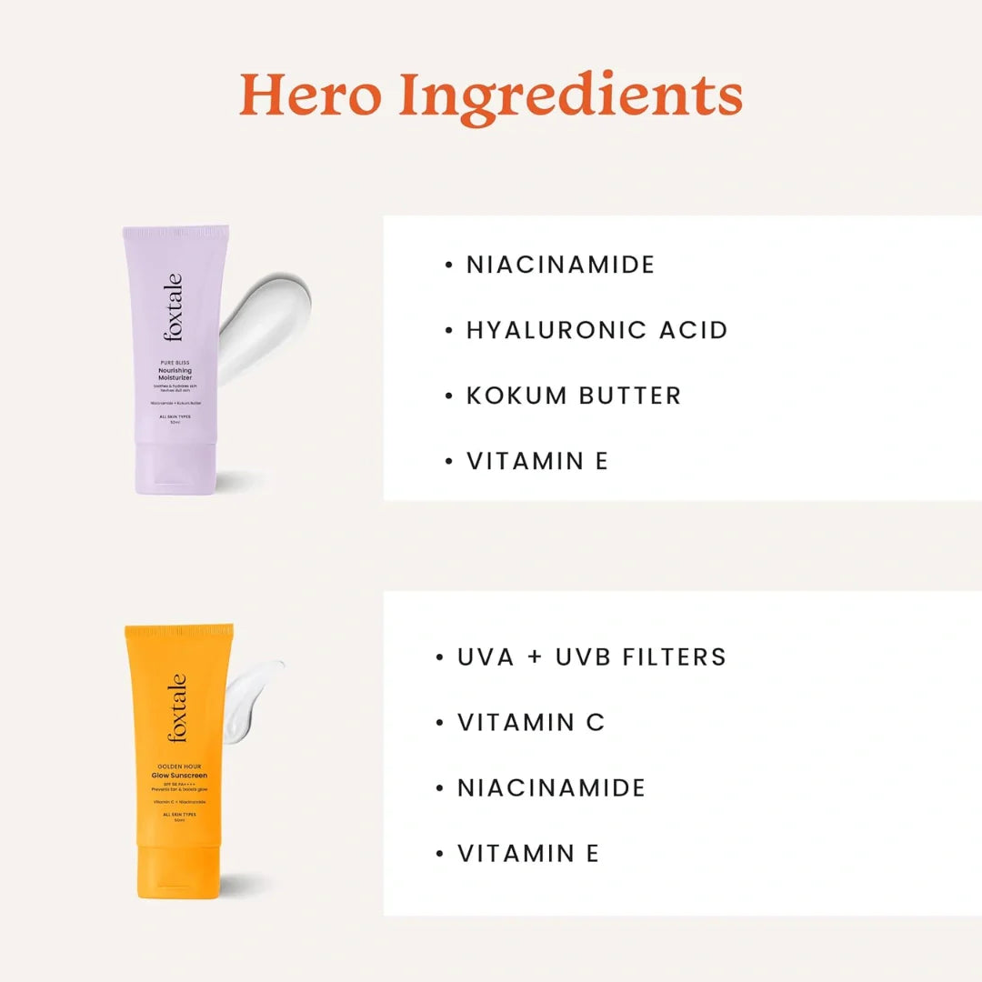 Foxtale Healthy Glow Combo for Soft and Hydrated Skin and a Healthy Golden Glow with Nourishing Moisturizer - 50 ml and Glow Sunscreen - 50 ml, For All Skin Types, Men & Women