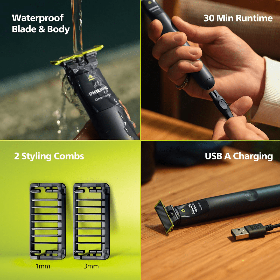  - Philips One Blade Face Hybrid Trimmer & Shaver For Men|Best Zero Trim For Face|No Skin Irritation As Blade Never Touches Skin|Dual Protection Technology|Designed For Genz|2Year Warranty - Qp1424/10 - Looknstyle