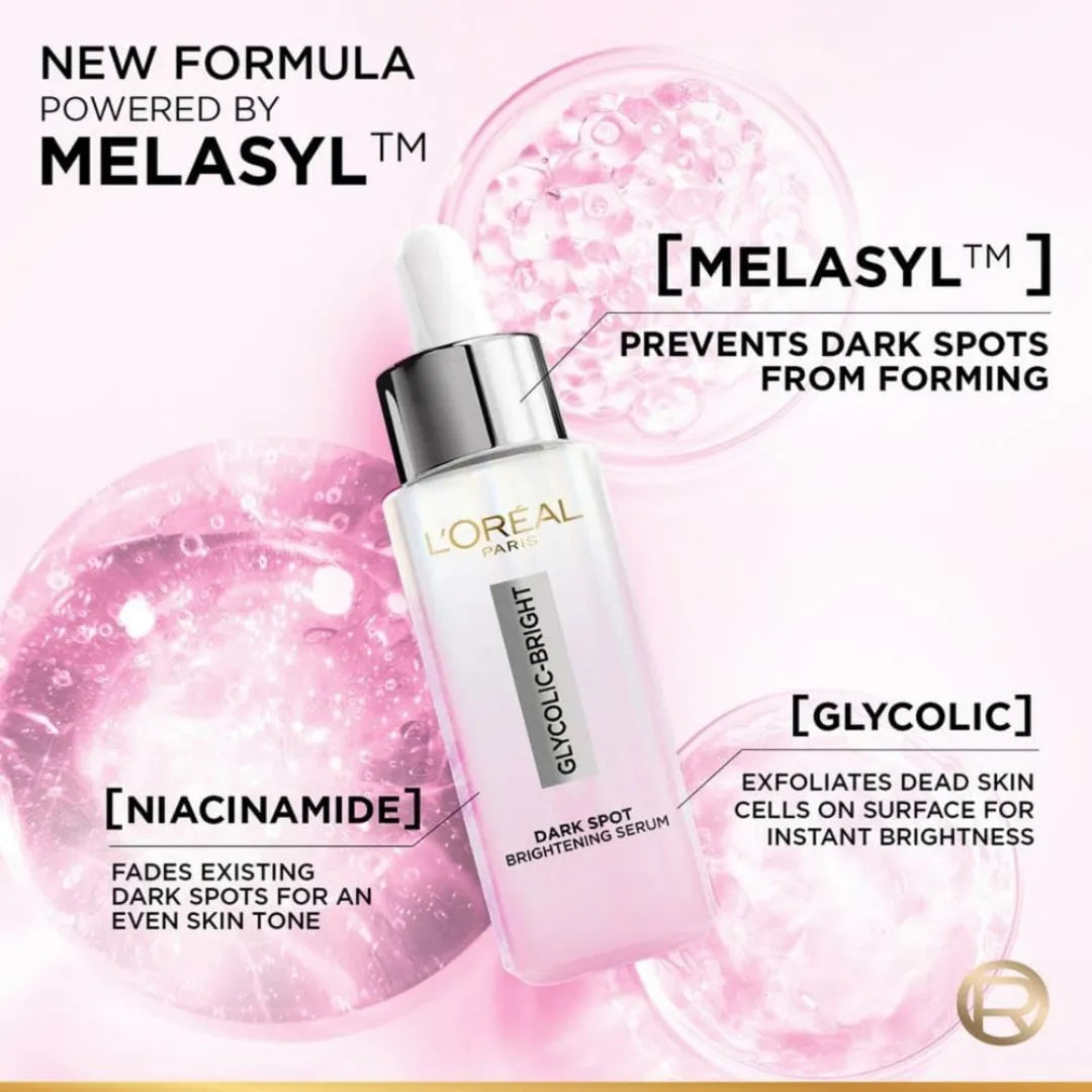 L'Oreal Paris Glycolic Bright Serum With 1% Glycolic Acid & Niacinamide, Reduces Dark Spots (30ml)