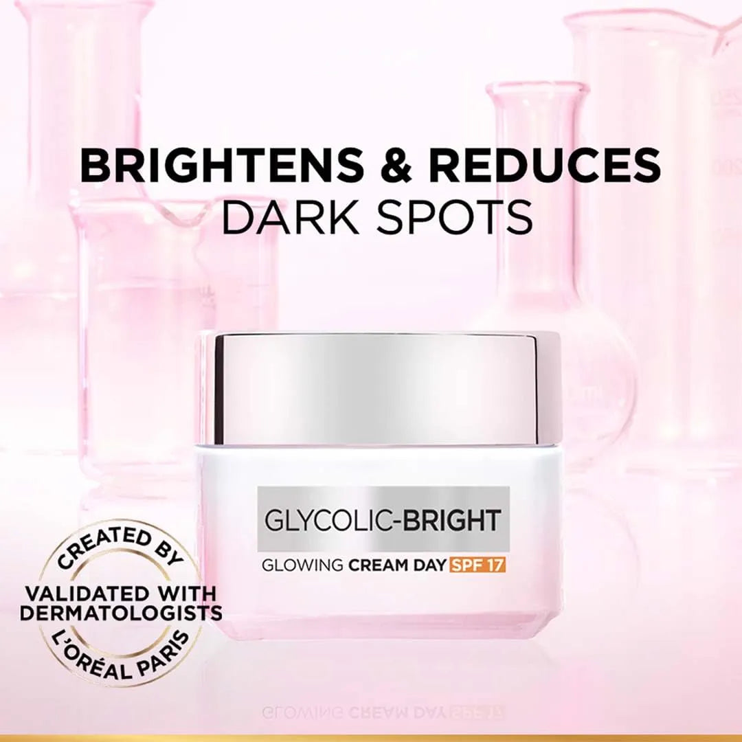 L'Oreal Paris Glycolic Bright Glowing Day Cream, Overnight Brightening Cream, Glycolic Acid in Gel-Like Cream Texture, that Visbily Minimizes Spots & Reveals Glowing skin (50ml)
