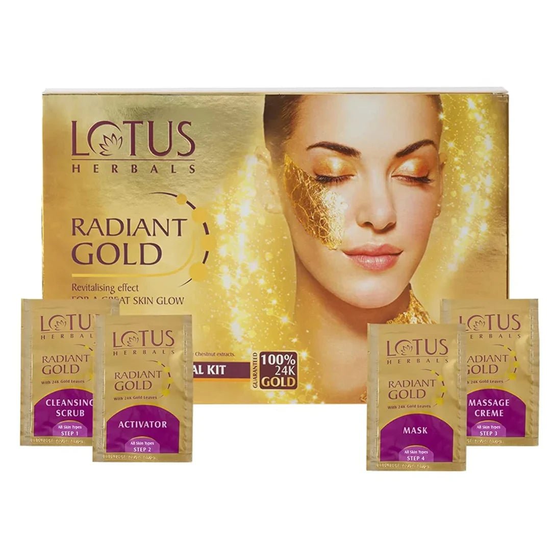 lohrfgk-1 - Lotus Herbals Radiant Gold Cellular Glow 1 Facial Kit | With 24K Gold leaves | For Skin Glow | All Skin Types | 37g - Looknstyle