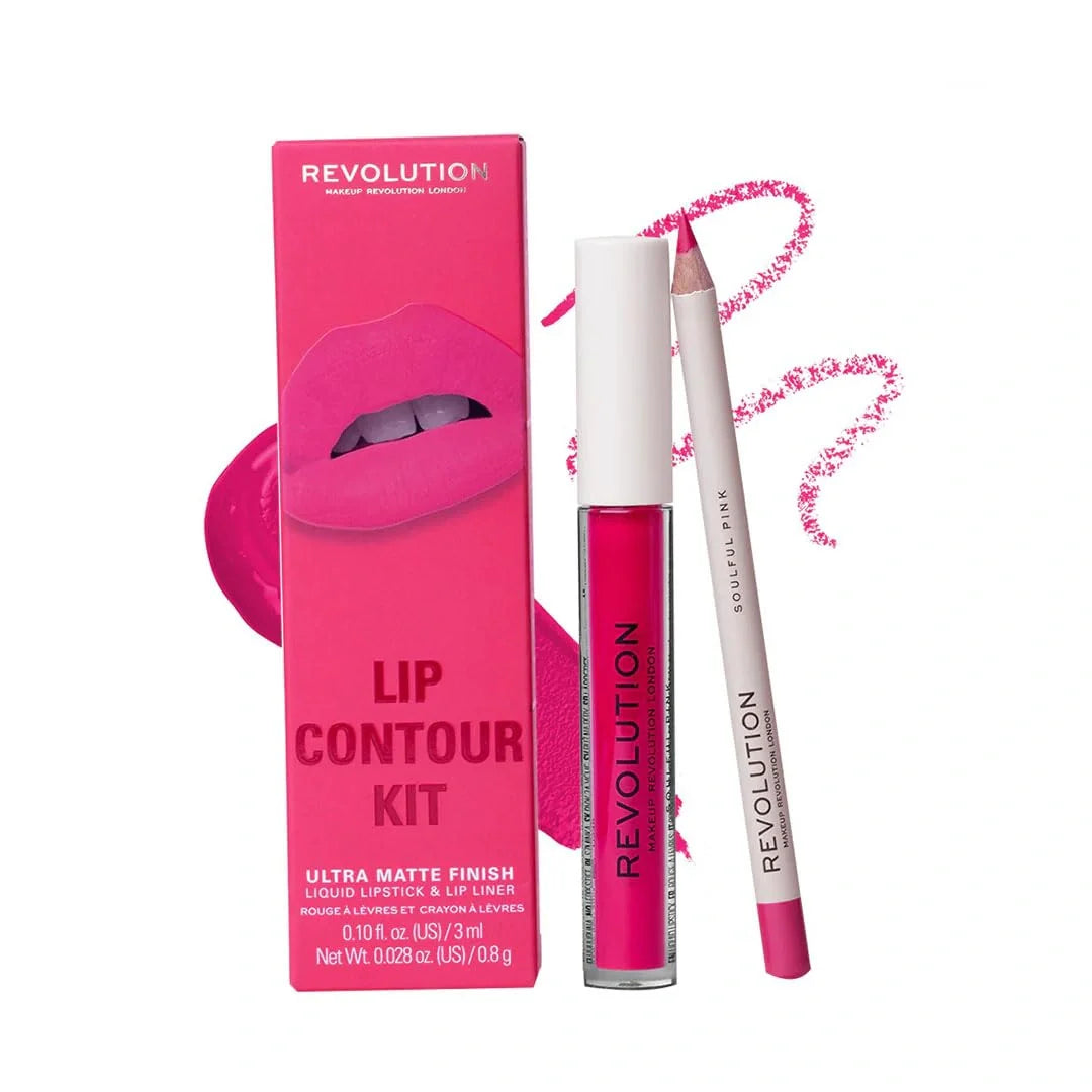 Makeup Revolution- Lip Contour Kit- Soulful Pink| Highly pigmented | Long lasting matte liquid lipstick | Creamy formula | Effortless to glide- 3 ml +0.8 g