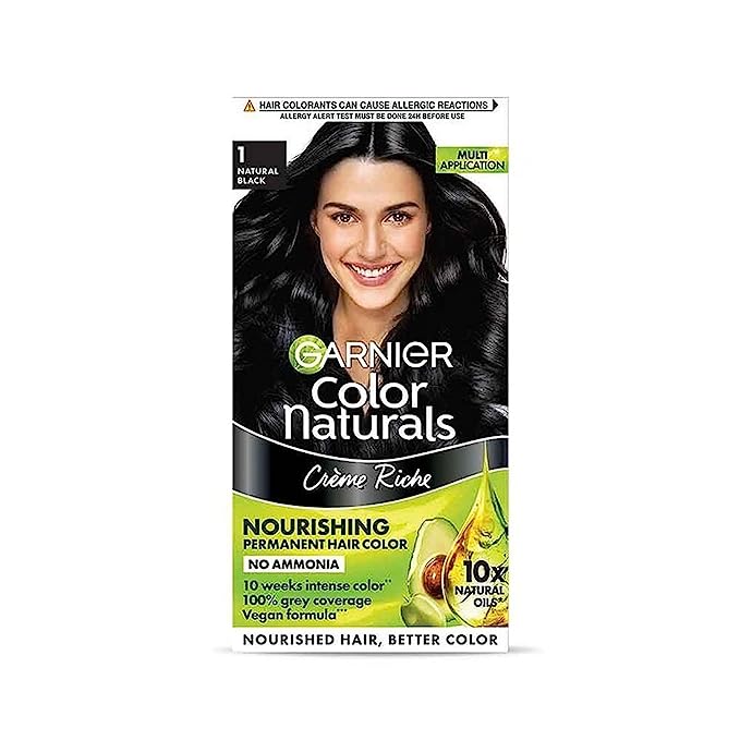Garnier, Hair Colouring Creme, Long-lasting Colour, Smoothness & Shine, Color Naturals, Shade: 1 Natural Black, 70ml + 60g
